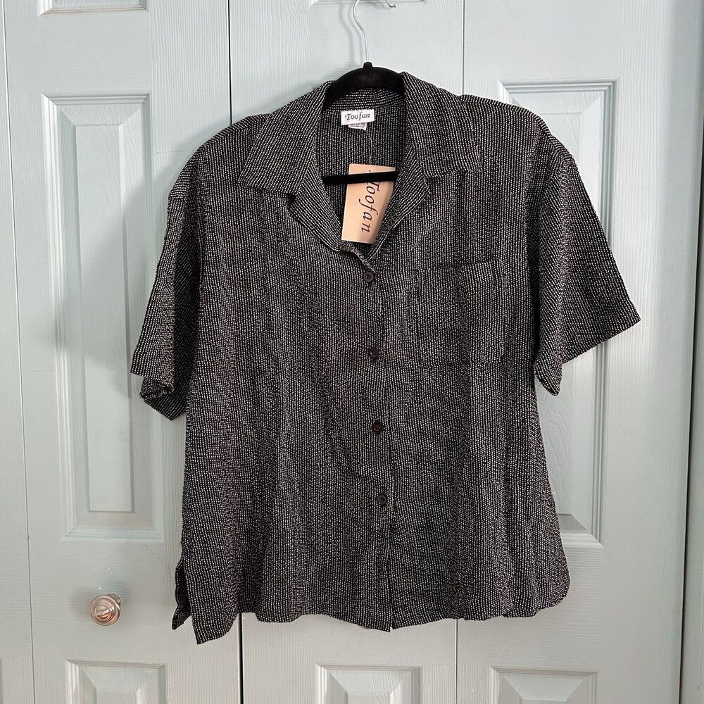 Vtg Toofan Womens Button Front Collared Short Sleeve Blouse Medium Woven‎ B&W